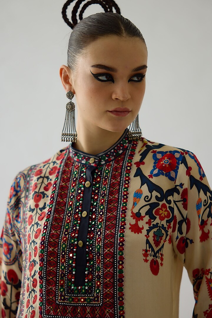 Rust Silk Printed High-Low Tunic by Rajdeep Ranawat at Pernia's Pop Up Shop