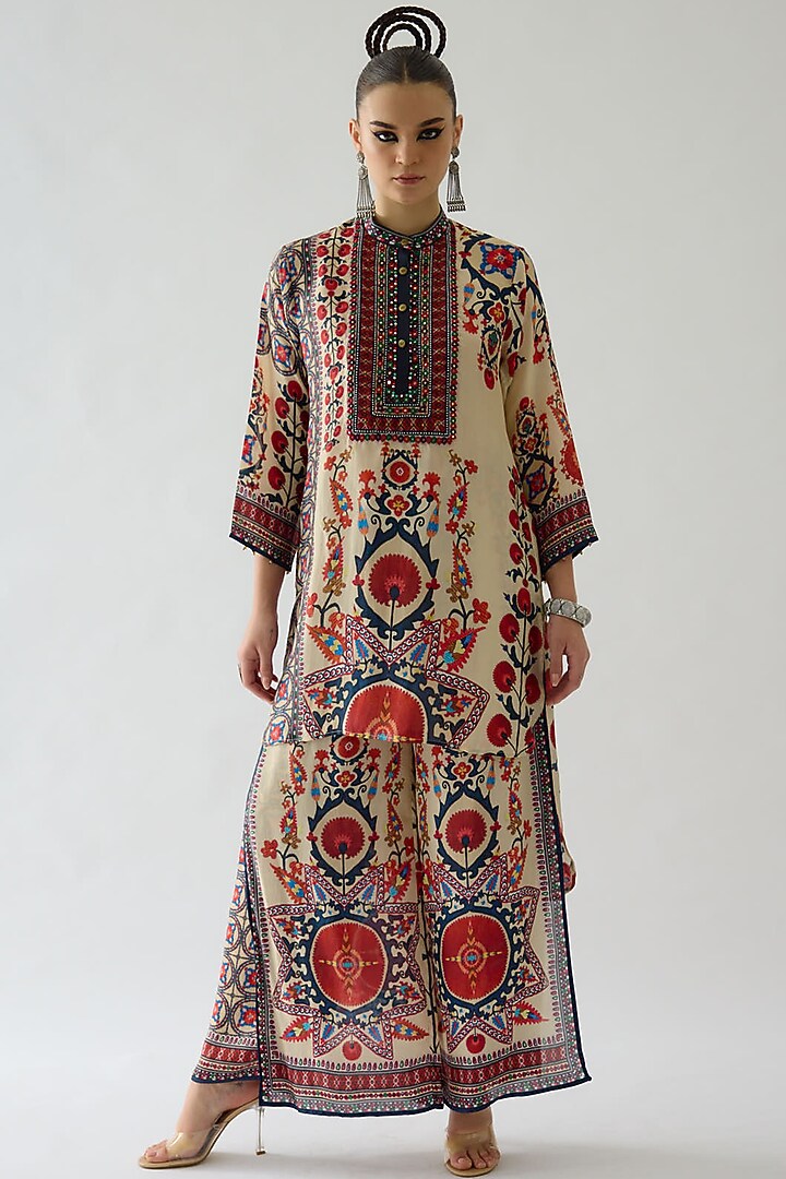 Rust Silk Printed High-Low Tunic by Rajdeep Ranawat at Pernia's Pop Up Shop