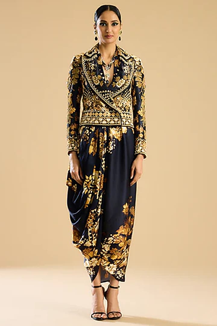 Black & Gold Modal Satin Hand Embroidered Jacket Party Wear Dress by Rajdeep Ranawat at Pernia's Pop Up Shop