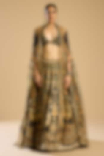 Black & Gold Dupion Printed Skirt Set by Rajdeep Ranawat at Pernia's Pop Up Shop