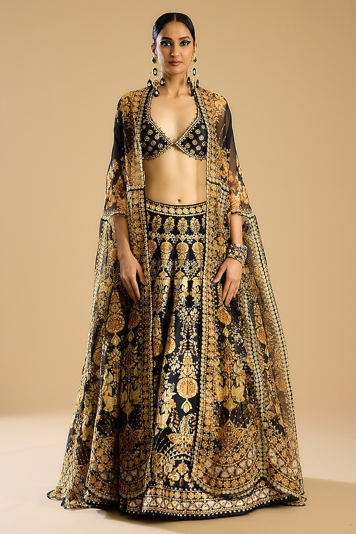 Black & Gold Dupion Printed Skirt Set by Rajdeep Ranawat at Pernia's Pop Up Shop