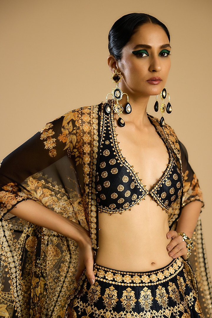 Black & Gold Dupion Printed Skirt Set by Rajdeep Ranawat at Pernia's Pop Up Shop