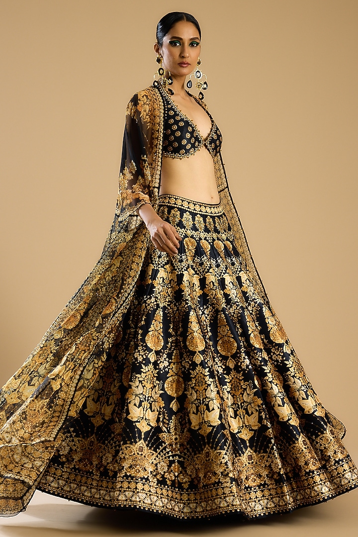 Black & Gold Dupion Printed Skirt Set by Rajdeep Ranawat at Pernia's Pop Up Shop