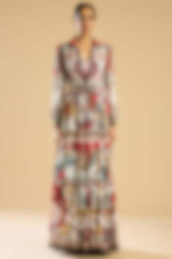 Ivory & Red Silk Printed Tiered Dress by Rajdeep Ranawat at Pernia's Pop Up Shop