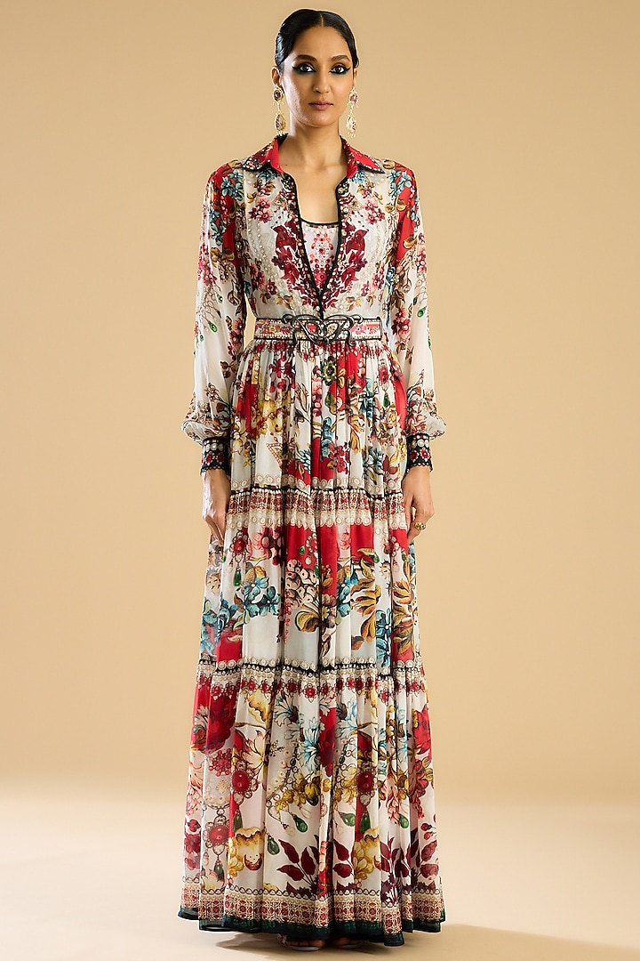 Ivory & Red Silk Printed Tiered Dress by Rajdeep Ranawat at Pernia's Pop Up Shop