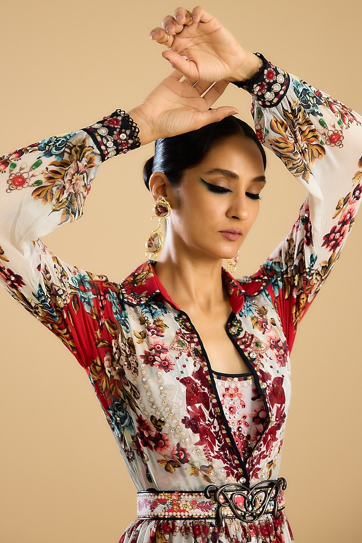 Ivory & Red Silk Printed Tiered Cocktail Dress by Rajdeep Ranawat at Pernia's Pop Up Shop