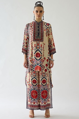 Rust Silk Printed Layered Pants by Rajdeep Ranawat