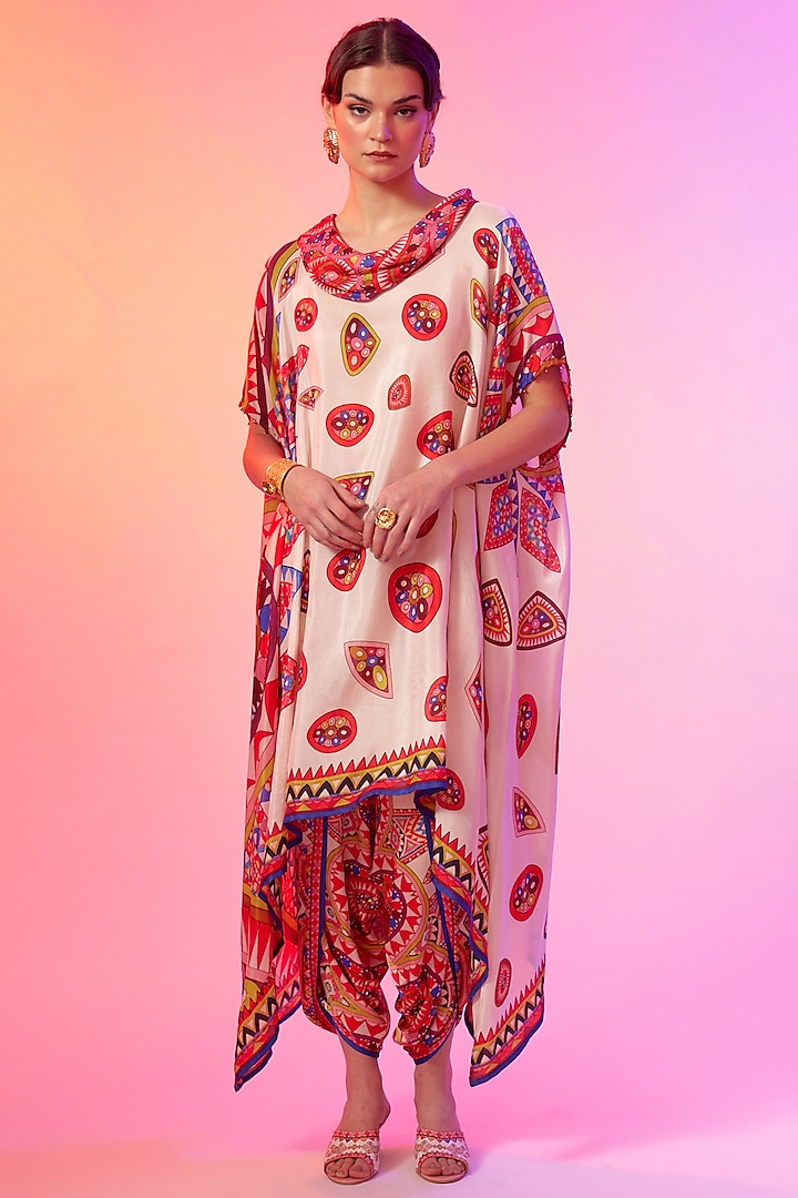 Candy Cream Silk Printed Draped Tunic by Rajdeep Ranawat