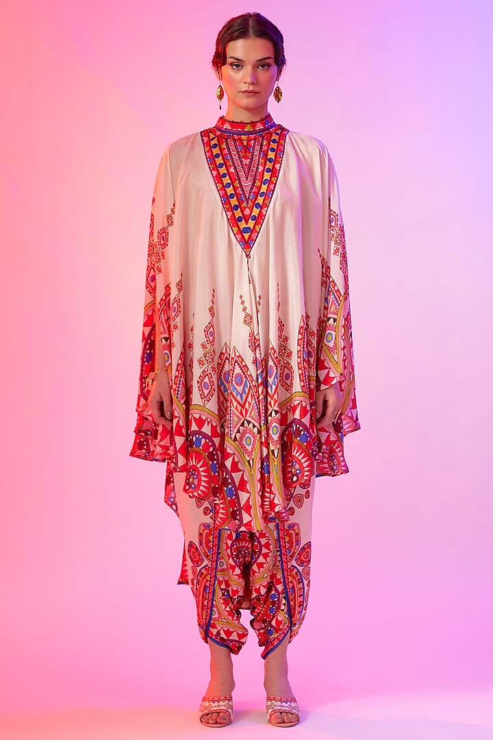 Candy Cream Silk Printed Draped Circular Dress by Rajdeep Ranawat