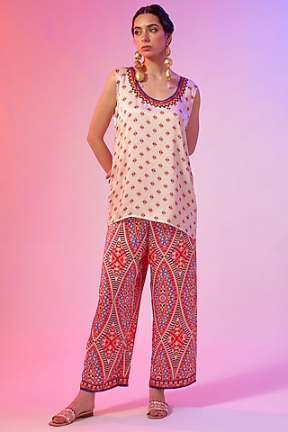 Candy Cream Modal Satin Printed Cami by Rajdeep Ranawat