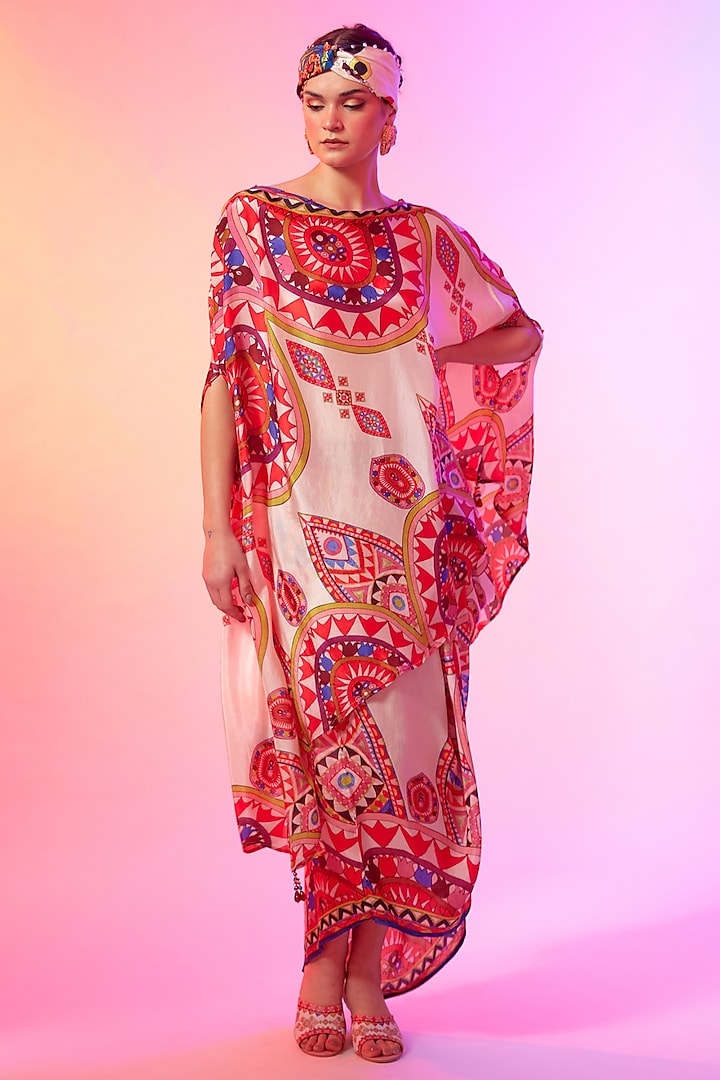 Candy Cream Silk Printed Tie-Up Skirt Set by Rajdeep Ranawat
