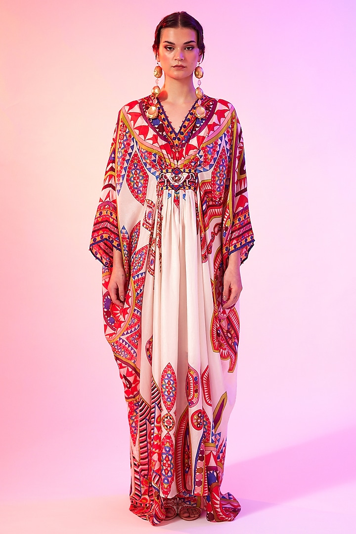 Candy Cream Silk Printed Kaftan by Rajdeep Ranawat at Pernia's Pop Up Shop