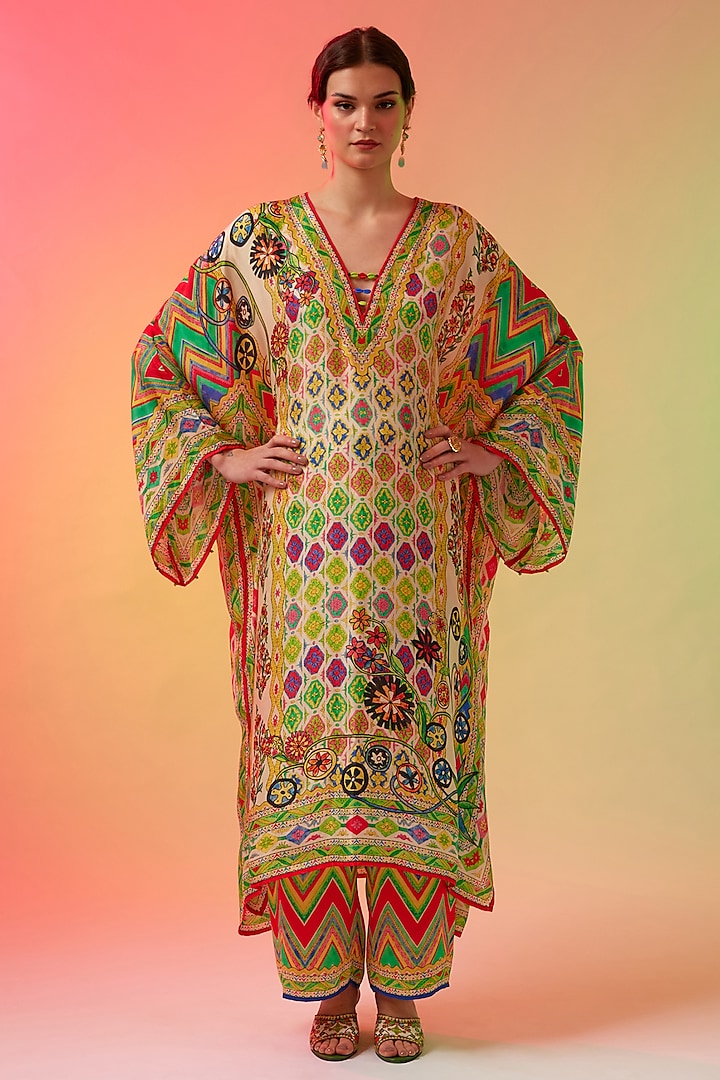 Multi-Colored Silk Printed Kaftan by Rajdeep Ranawat