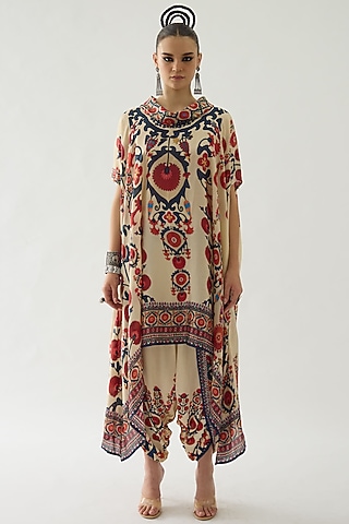 Rust Silk Printed Draped Tunic by Rajdeep Ranawat