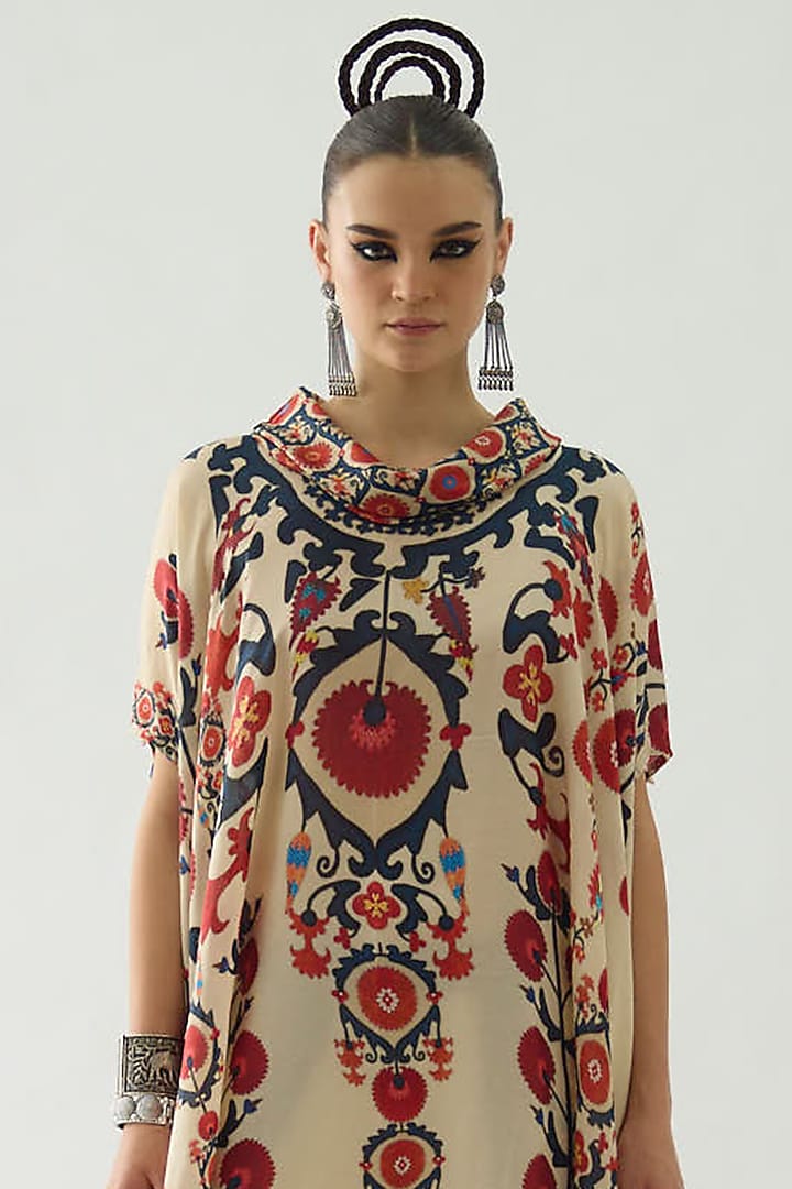 Rust Silk Printed Draped Tunic by Rajdeep Ranawat at Pernia's Pop Up Shop