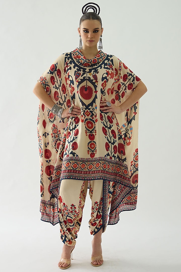 Rust Silk Printed Draped Tunic by Rajdeep Ranawat at Pernia's Pop Up Shop