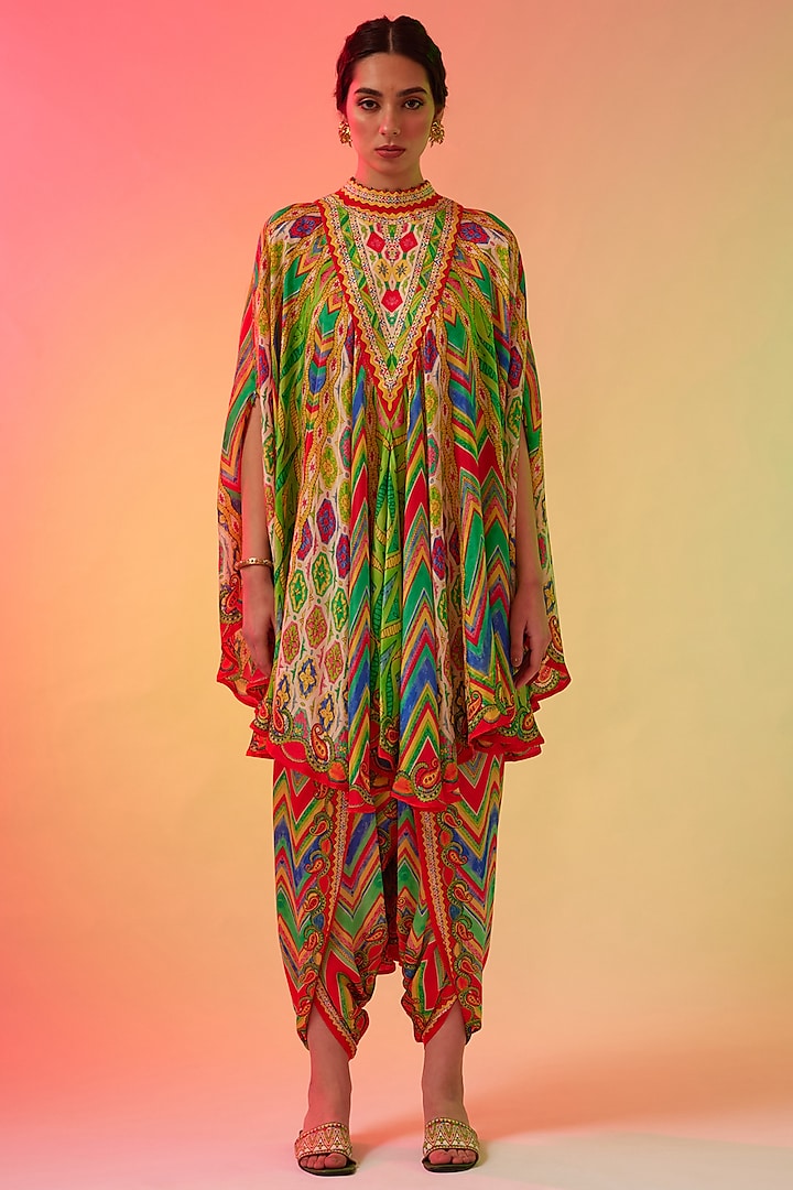 Multi-Colored Silk Printed Draped Circular Dress by Rajdeep Ranawat