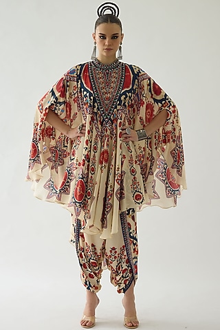 Rust Silk Printed Draped Circular Dress by Rajdeep Ranawat