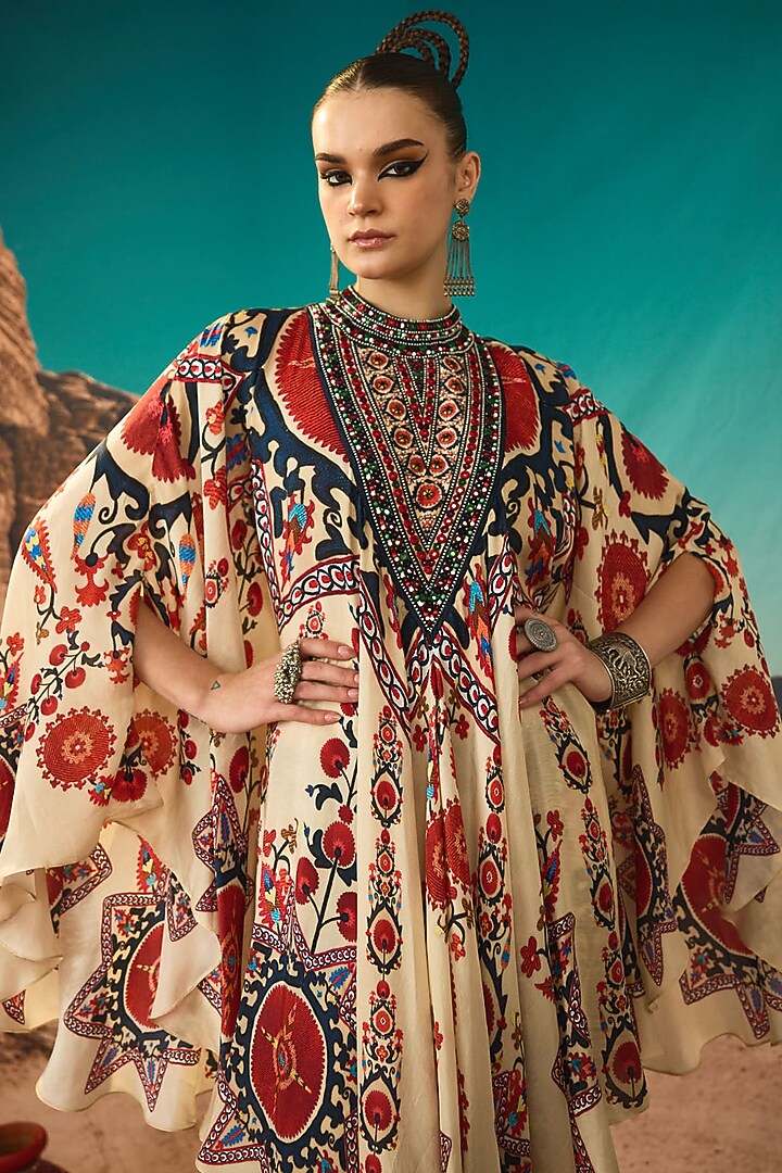 Rust Silk Printed Draped Circular Vacation Dress by Rajdeep Ranawat at Pernia's Pop Up Shop