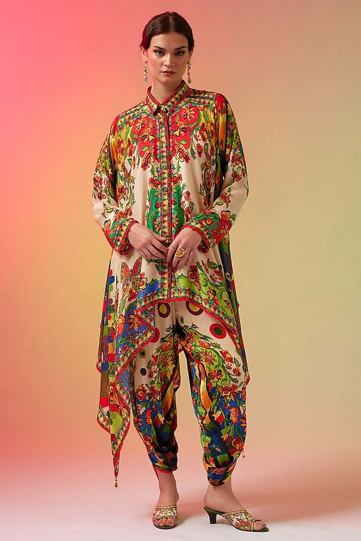 Multi-Colored Modal Satin Printed Dhoti Pants by Rajdeep Ranawat