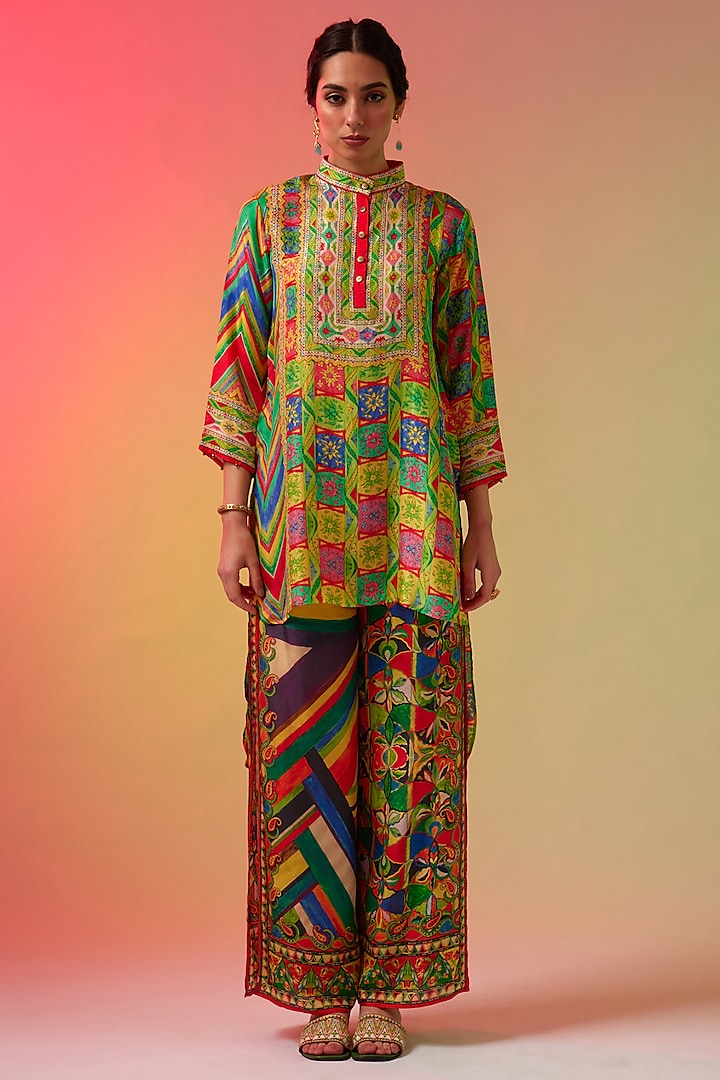 Multi-Colored Modal Satin Printed Double Layered Pants by Rajdeep Ranawat