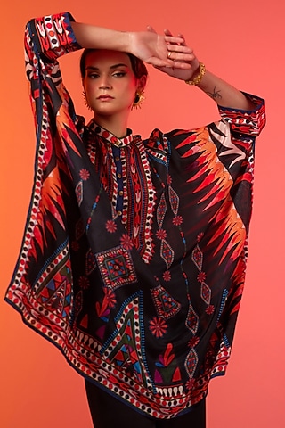 Savannah Blue Silk Printed Long Tunic by Rajdeep Ranawat