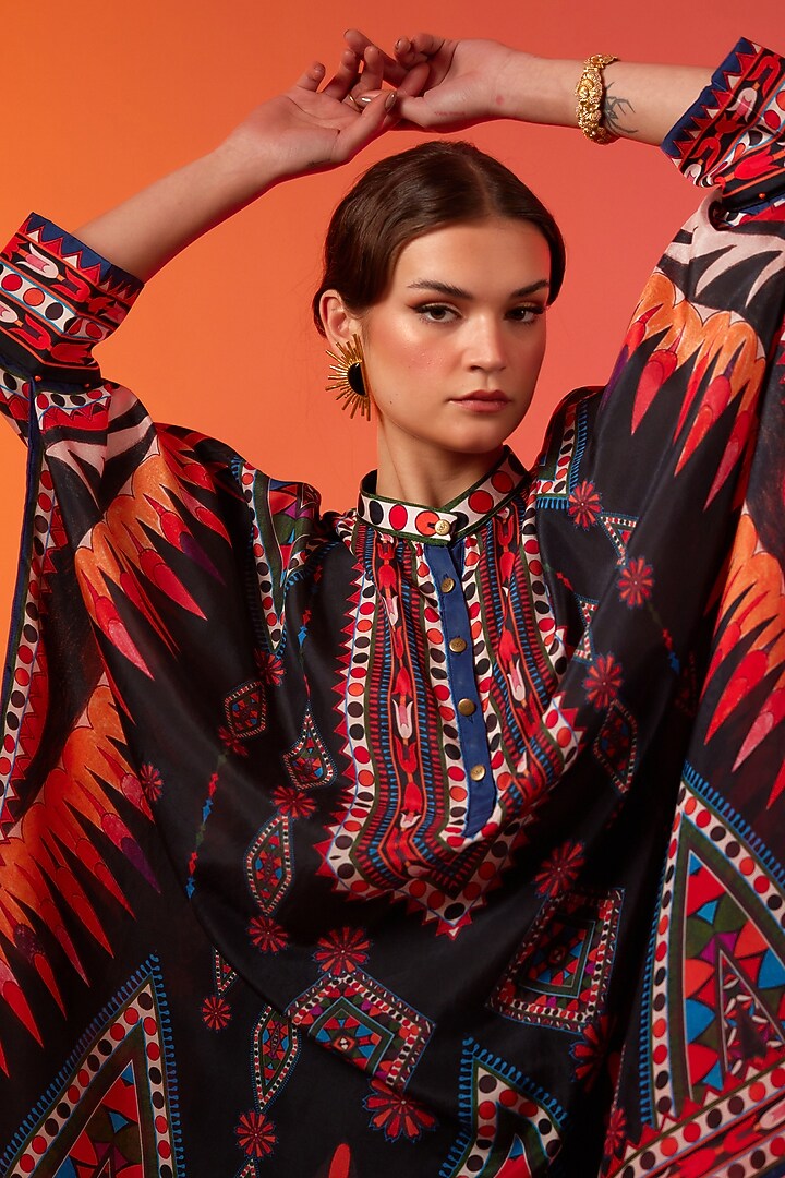 Savannah Blue Silk Printed Long Tunic by Rajdeep Ranawat at Pernia's Pop Up Shop
