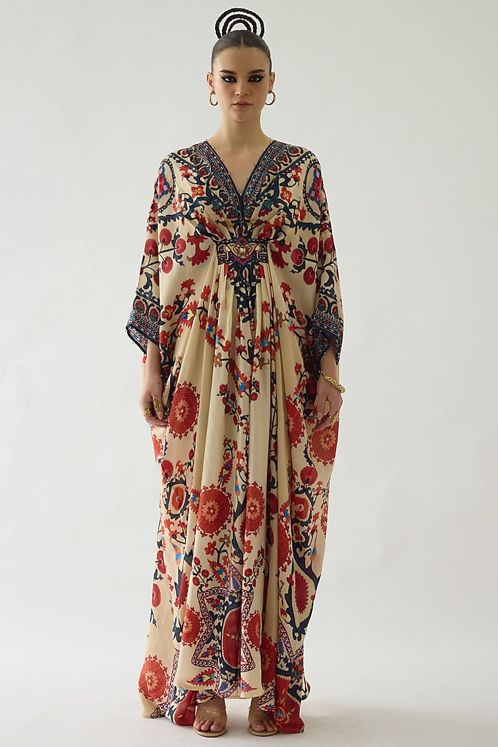 Rust Silk Printed Kaftan by Rajdeep Ranawat at Pernia's Pop Up Shop