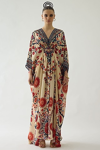 Rust Silk Printed Kaftan by Rajdeep Ranawat