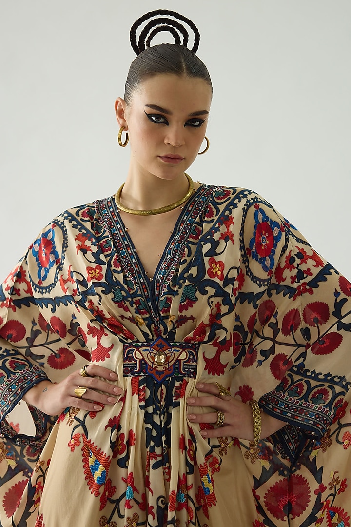 Rust Silk Printed Kaftan by Rajdeep Ranawat at Pernia's Pop Up Shop