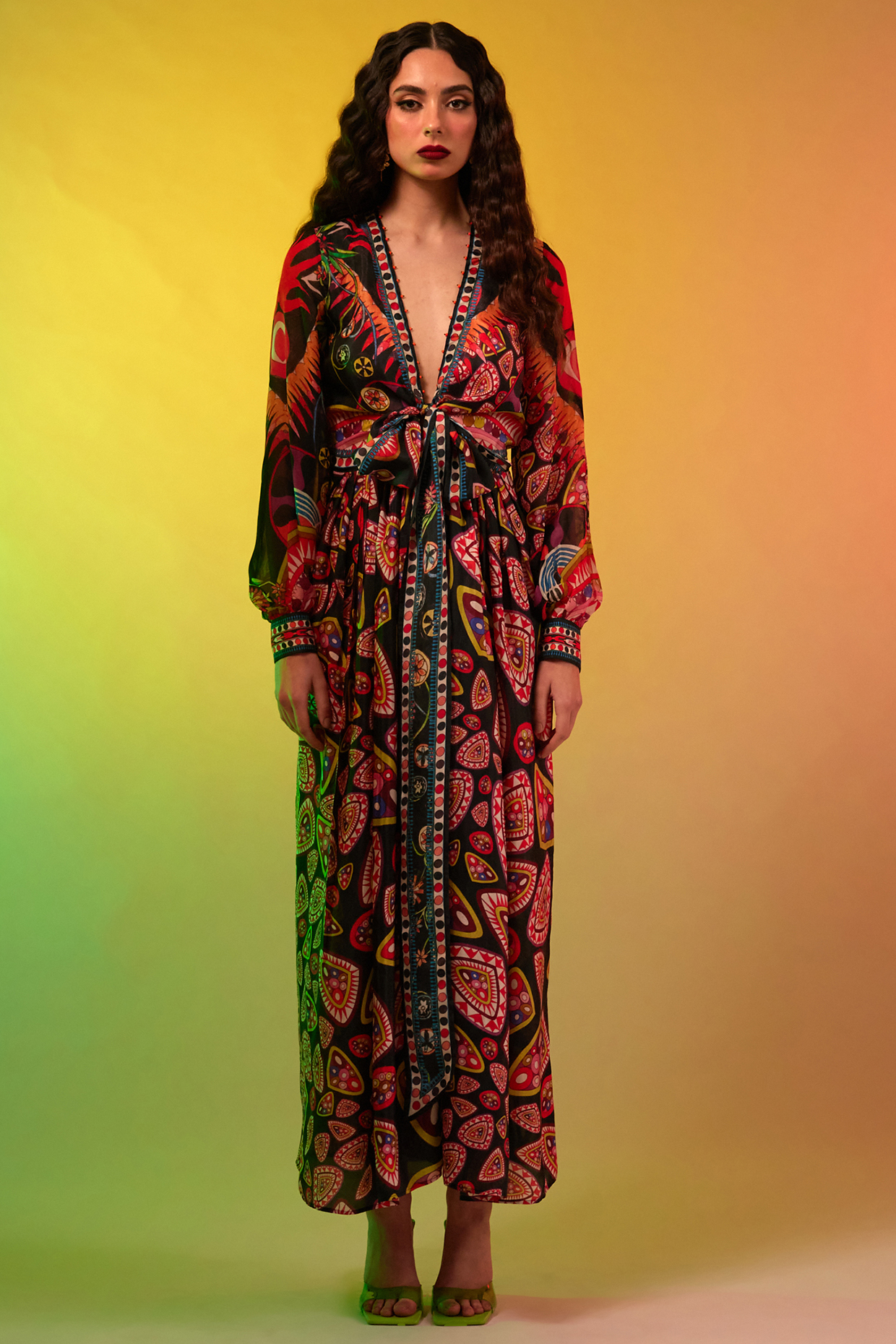 Multi-Colored Silk Printed Maxi Dress by Rajdeep Ranawat