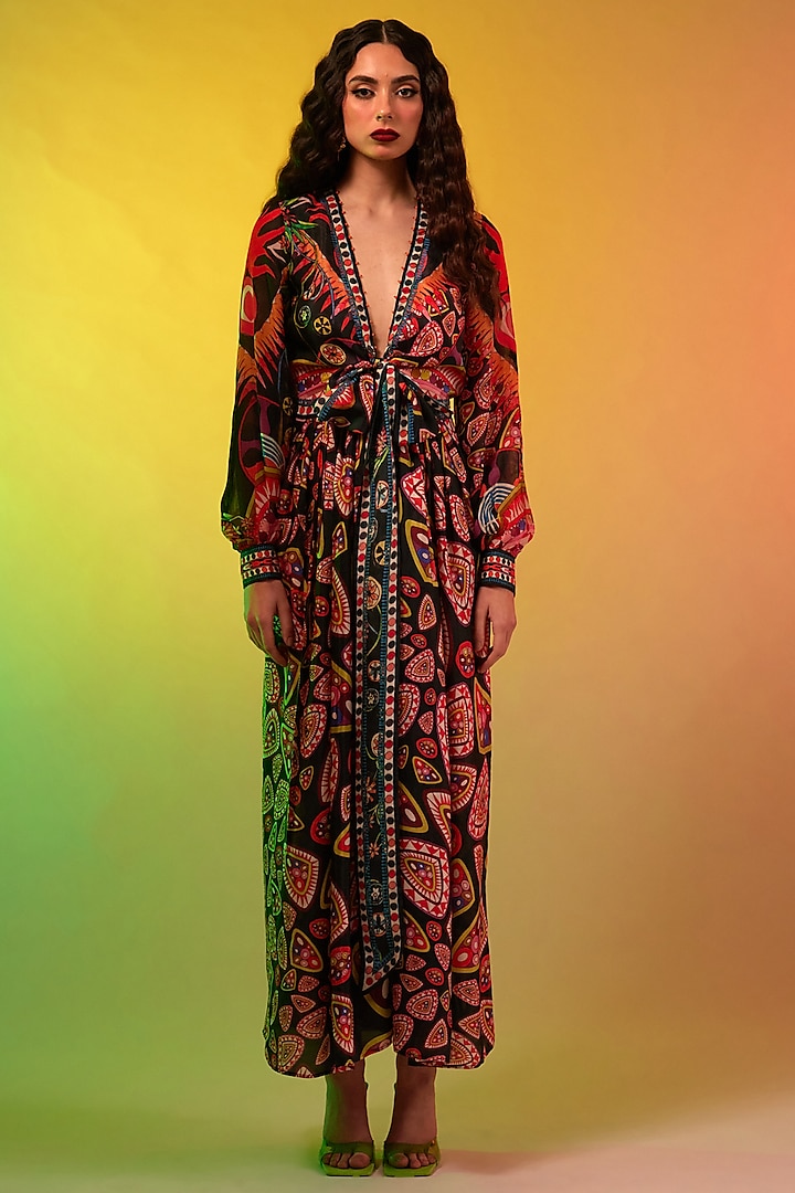 Multi-Colored Silk Printed Maxi Dress by Rajdeep Ranawat