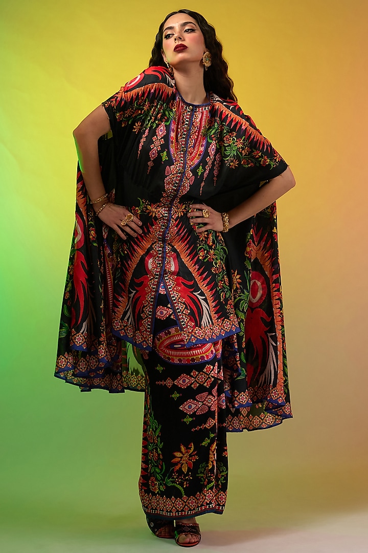 Multi-Colored Silk Printed Cape Set by Rajdeep Ranawat