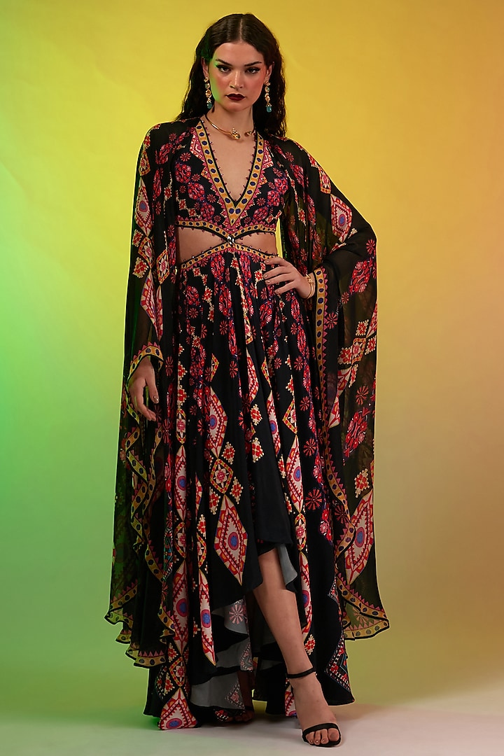 Multi-Colored Silk Chiffon & Silk Crepe Printed Maxi Dress by Rajdeep Ranawat