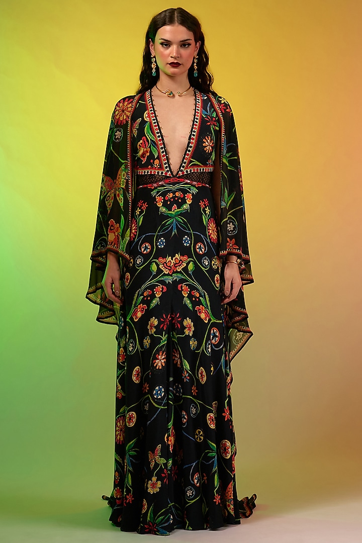 Multi-Colored Silk Chiffon & Silk Crepe Printed Maxi Dress by Rajdeep Ranawat
