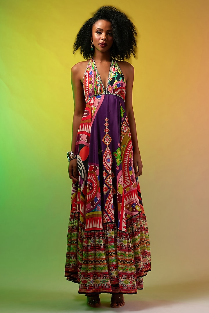 Multi-Colored Silk Printed Maxi Dress by Rajdeep Ranawat