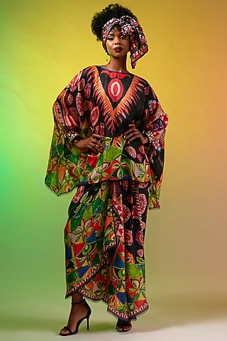 Multi-Colored Silk Printed Asymmetric Draped Skirt Set by Rajdeep Ranawat