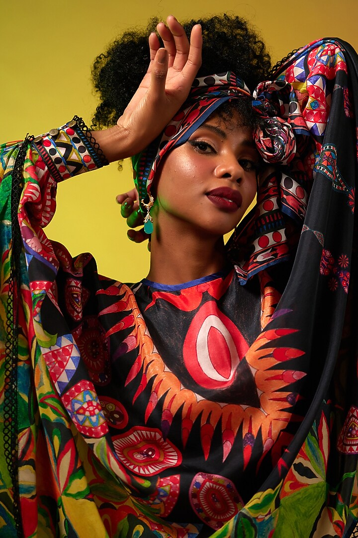 Multi-Colored Silk Printed Asymmetric Draped Skirt Set by Rajdeep Ranawat at Pernia's Pop Up Shop
