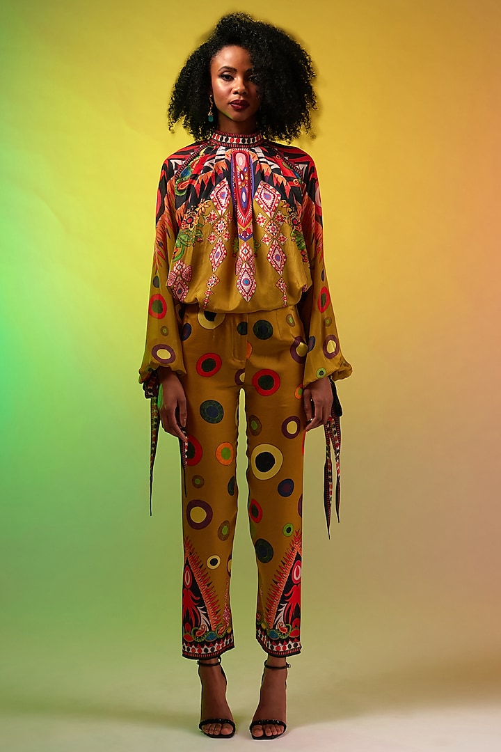 Multi-Colored Silk Chiffon & Modal Satin Printed Tunic Set by Rajdeep Ranawat