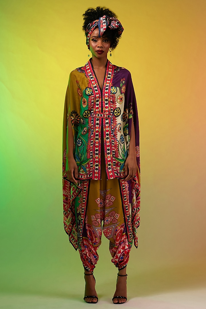 Multi-Colored Silk Printed Cape Set by Rajdeep Ranawat