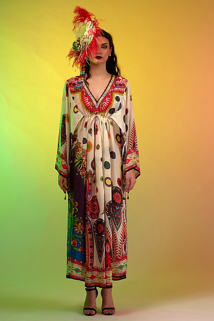 Multi-Colored Silk Printed Kaftan Dress by Rajdeep Ranawat