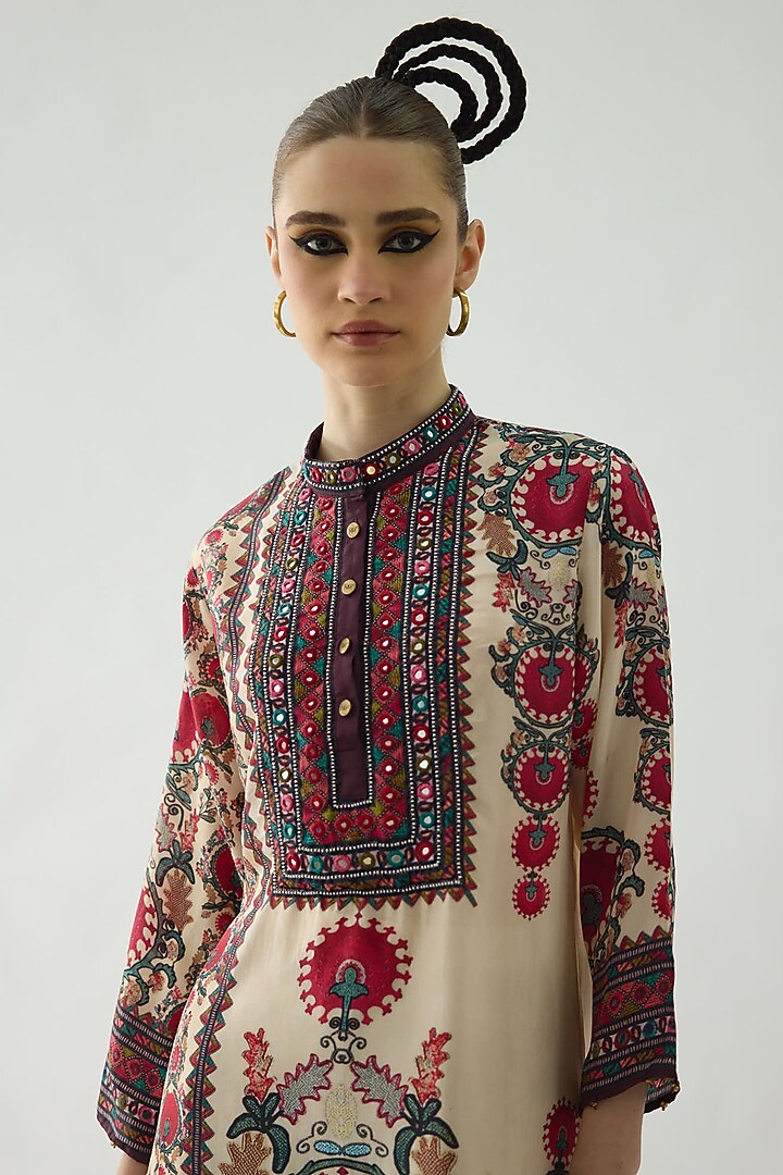 Maroon Silk Printed High-Low Tunic by Rajdeep Ranawat at Pernia's Pop Up Shop