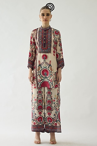 Maroon Silk Printed Layered Pants by Rajdeep Ranawat