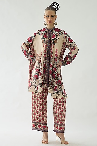 Maroon Silk Printed Tunic by Rajdeep Ranawat