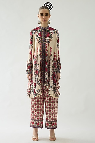 Maroon Modal Satin Printed Salwar Pants by Rajdeep Ranawat