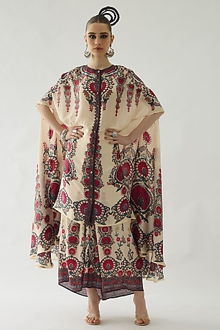 Maroon Silk Printed Cape by Rajdeep Ranawat