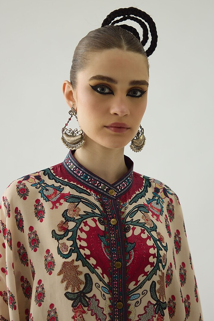 Maroon Silk Printed Boxy Kaftan by Rajdeep Ranawat at Pernia's Pop Up Shop