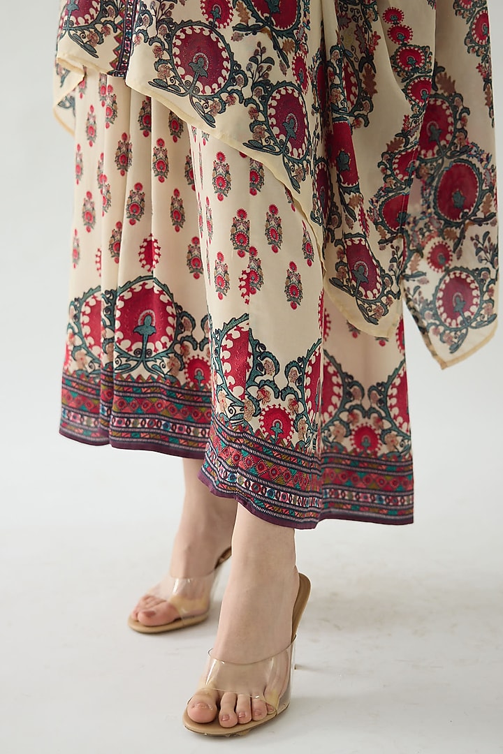 Maroon Modal Satin Printed Draped Skirt Set by Rajdeep Ranawat at Pernia's Pop Up Shop