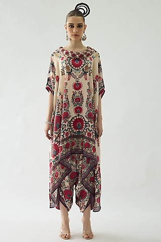 Maroon Silk Printed Draped Tunic by Rajdeep Ranawat