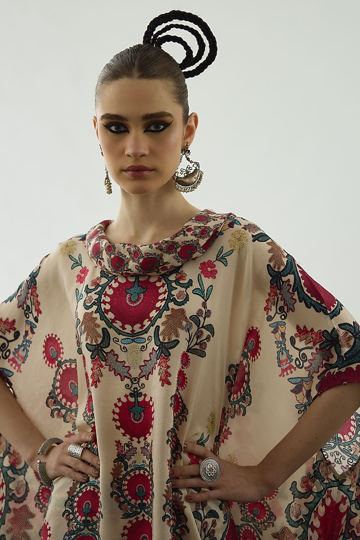 Maroon Silk Printed Draped Tunic by Rajdeep Ranawat at Pernia's Pop Up Shop